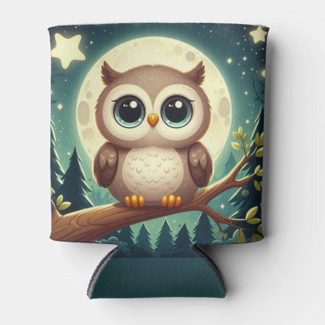 Cute baby owl at night with moon can cooler (Front)