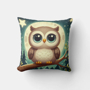 Cute baby owl at night with moon cushion