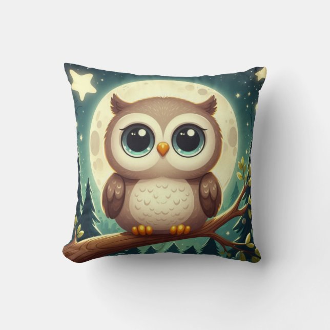 Cute baby owl at night with moon cushion (Front)
