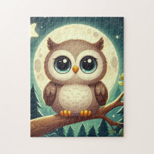 Cute baby owl at night with moon jigsaw puzzle