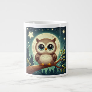 Cute baby owl at night with moon large coffee mug