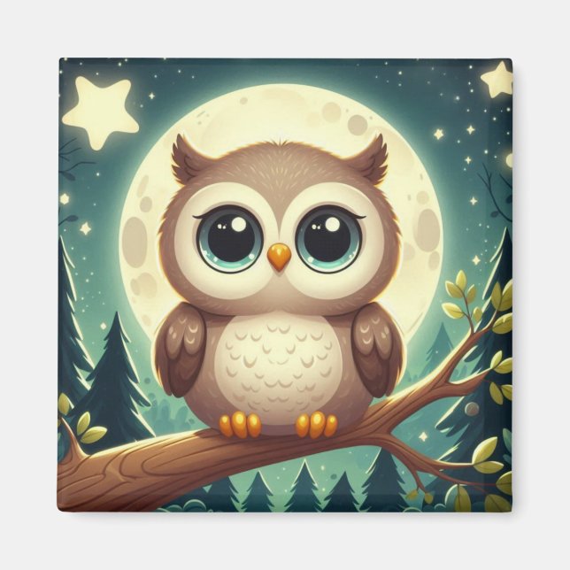 Cute baby owl at night with moon magnet (Front)