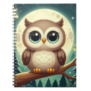 Cute baby owl at night with moon notebook