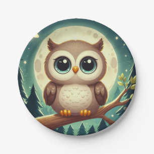 Cute baby owl at night with moon paper plate