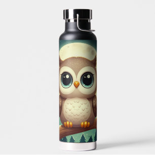 Cute baby owl at night with moon water bottle