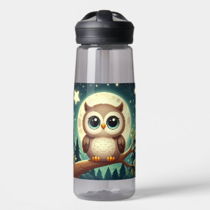 Cute baby owl at night with moon water bottle