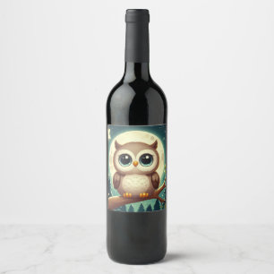 Cute baby owl at night with moon wine label