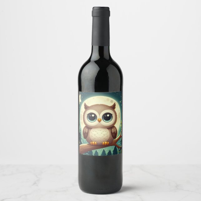 Cute baby owl at night with moon wine label (Front)