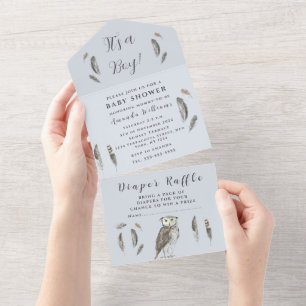 Cute Baby Owl Bird Feathers Bohemian Watercolor All In One Invitation
