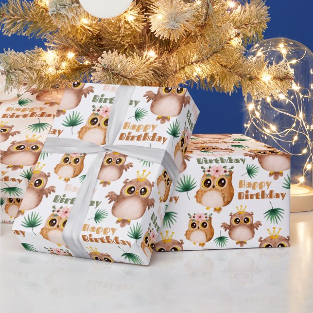Cute Baby Owl Happy Birthday Wrapping Paper (Holidays)