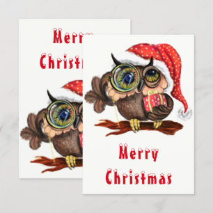 Cute Baby Owl In Christmas Hat and Gift - Cartoon 