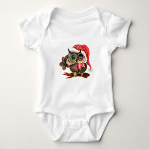 Cute Baby Owl In Christmas Hat and Gift - Cartoon Bodysuit
