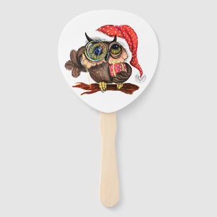 Cute Baby Owl In Christmas Hat and Gift - Cartoon  Hand Fan
