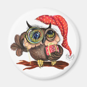 Cute Baby Owl In Christmas Hat and Gift - Cartoon Magnet