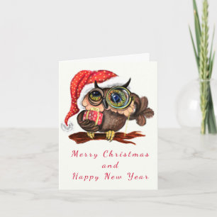 Cute Baby Owl In Christmas Hat and Gift - Cartoon Note Card