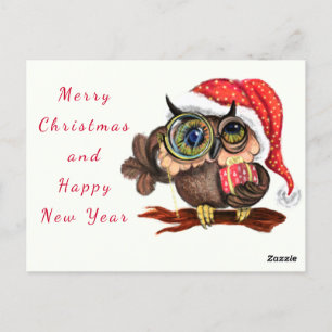 Cute Baby Owl In Christmas Hat and Gift - Cartoon  Postcard