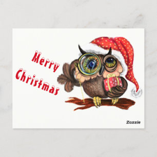 Cute Baby Owl In Christmas Hat and Gift - Cartoon Postcard