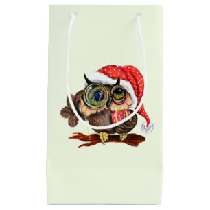 Cute Baby Owl In Christmas Hat and Gift - Cartoon Small Gift Bag