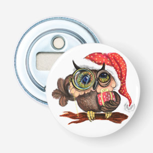 Cute Baby Owl In Christmas Hat and Gift For You Bottle Opener