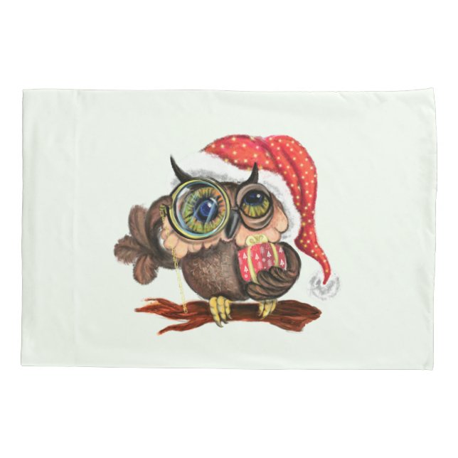 Cute Baby Owl In Christmas Hat and Gift For You Pillowcase (Back)
