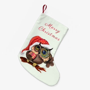 Cute Baby Owl In Christmas Hat and Gift For You Small Christmas Stocking