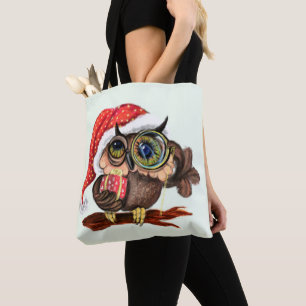 Cute Baby Owl In Christmas Hat and Gift For You Tote Bag