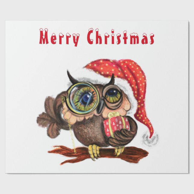 Cute Baby Owl In Christmas Hat and Gift For You Wrapping Paper (Flat)