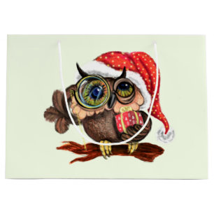 Cute Baby Owl In Christmas Hat and Gift - Fun Large Gift Bag