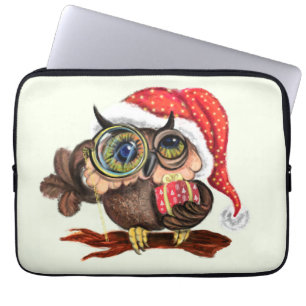 Cute Baby Owl In Christmas Hat and Gift - Painting Laptop Sleeve