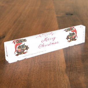 Cute Baby Owl In Christmas Hat and Gift - Painting Nameplate