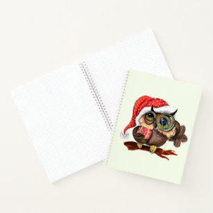 Cute Baby Owl In Christmas Hat and Gift - Painting Notebook