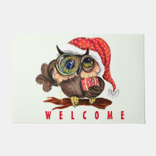Cute Baby Owl In Christmas Hat and Gift - Welcome Doormat