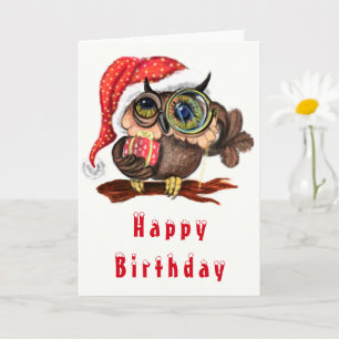 Cute Baby Owl In Christmas Hat Birthday Card