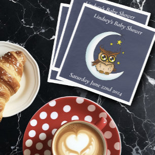 Cute Baby Owl Moon Stars Blue Shower Napkin