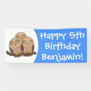 Cute baby owl trio cartoon illustration banner