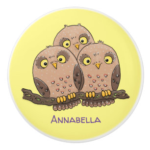 Cute baby owl trio cartoon illustration ceramic knob