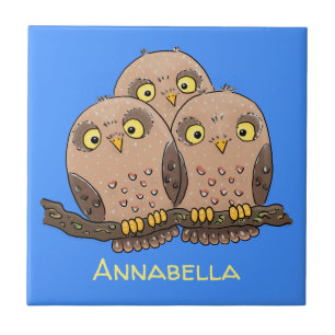 Cute baby owl trio cartoon illustration ceramic tile