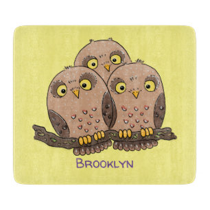 Cute baby owl trio cartoon illustration cutting board