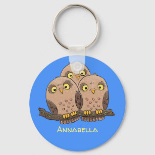 Cute baby owl trio cartoon illustration key ring