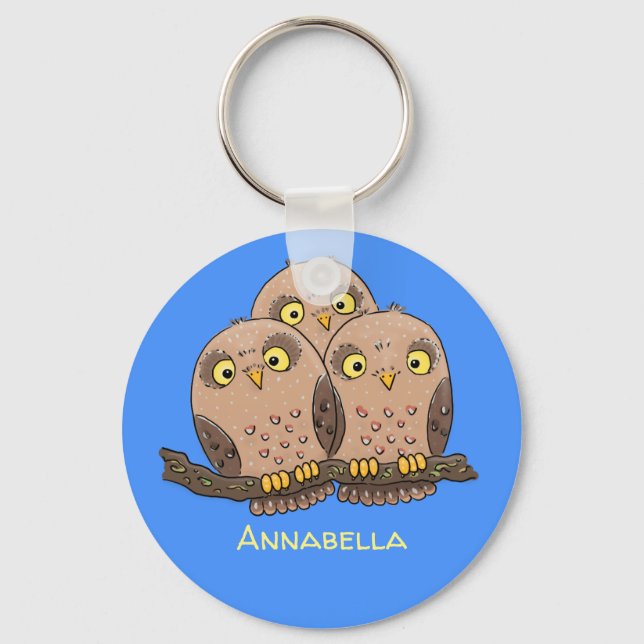 Cute baby owl trio cartoon illustration key ring (Front)