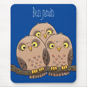 Cute baby owl trio cartoon illustration mouse pad
