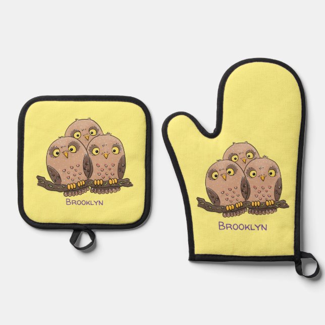 Cute baby owl trio cartoon illustration oven mitt & pot holder set (Front)