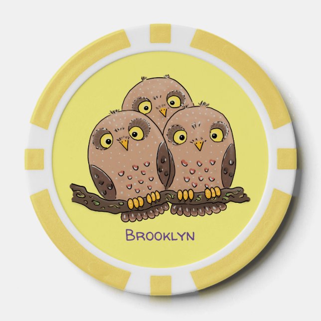 Cute baby owl trio cartoon illustration poker chips (Front)