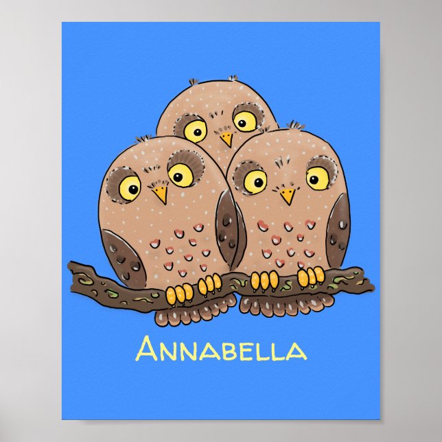 Cute baby owl trio cartoon illustration poster (Front)