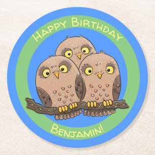 Cute baby owl trio cartoon illustration round paper coaster