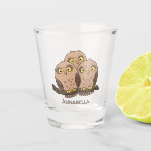 Cute baby owl trio cartoon illustration shot glass