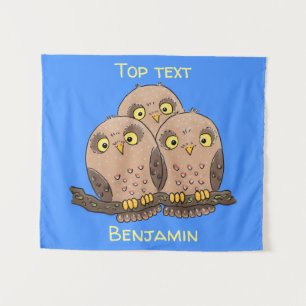 Cute baby owl trio cartoon illustration  tapestry
