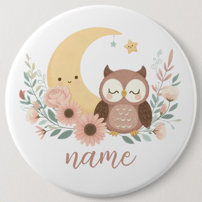Cute baby owl with moon 6 cm round badge (Front)