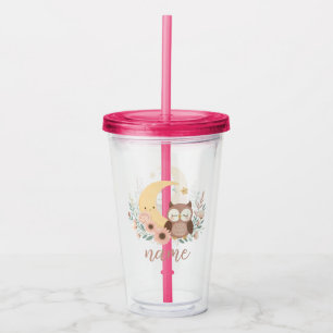 Cute baby owl with moon acrylic tumbler