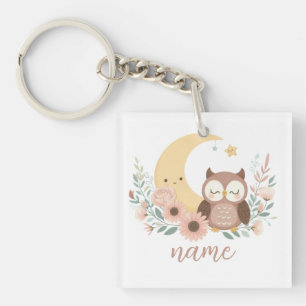 Cute baby owl with moon key ring